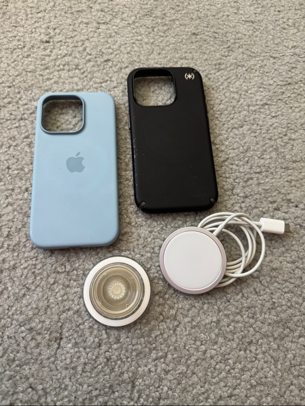 Apple Silicone iPhone Cases Bundle - Light Blue & Black with Pop Socket/charger